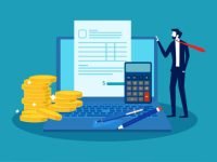 Earning and paying online. businessman standing with computer and pile of money vector